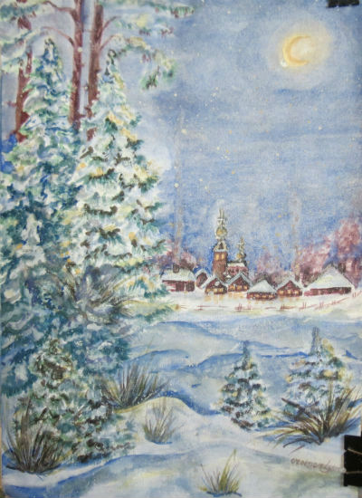 акварель, watercolor, winter, night, moon, Christmas, lyusi, ludmila elina;